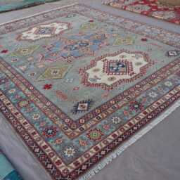 8x10 Afghan Heriz Rug, Medallion Serapi Handmade Wool Gray Blue Beige Green, Turkmen Tribal Dining Table Living Room Rug - thumbnail 2