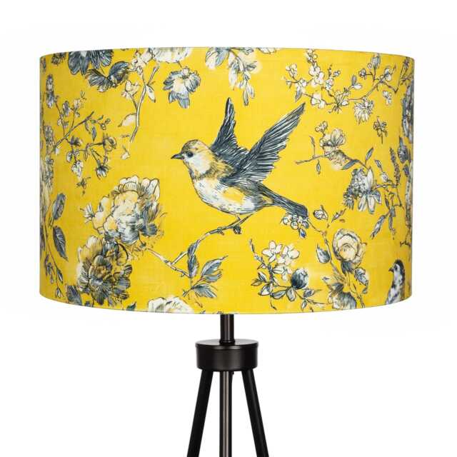 Lampshade Mustard Yellow Bird Flowers Velvet - Floral Decor Drum Lamp Shade 25cm 30cm 35cm 40cm 45cm Table Lamp Shade, Ceiling Pendant - image 1