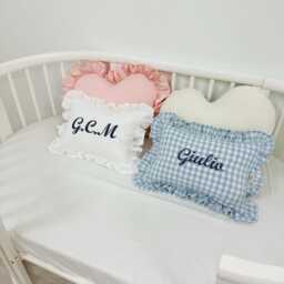 Personalized Pink Gingham Baby Pillow, Embroidered Name Cushion, Girl Nursery Decor, Newborn Keepsake - thumbnail 3