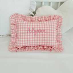 Personalized Pink Gingham Baby Pillow, Embroidered Name Cushion, Girl Nursery Decor, Newborn Keepsake
