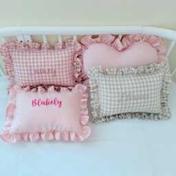Personalized Pink Gingham Baby Pillow, Embroidered Name Cushion, Newborn Keepsake - thumbnail 2