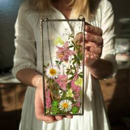 Dried Flower Bouquet in Hanging Terrarium, Handmade Stained Glass Frame With Wildflowers - thumbnail 3