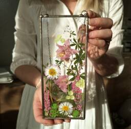 Dried Flower Bouquet in Hanging Terrarium, Handmade Stained Glass Frame With Wildflowers - thumbnail 1