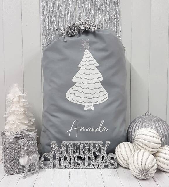 Santa Sack Grey White & Silver Personalised, Custom Christmas Sack, Xmas Tree Decor Personalized, Present Gift Bag For Him Her Children - image 1