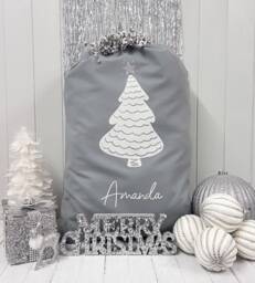 Santa Sack Grey White & Silver Personalised, Custom Christmas Sack, Xmas Tree Decor Personalized, Present Gift Bag For Him Her Children