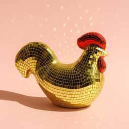 Gold Disco Chicken Figurine Real Glass Mirror Tile, 70S Retro Decor - thumbnail 3