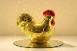Gold Disco Chicken Figurine Real Glass Mirror Tile, 70S Retro Decor