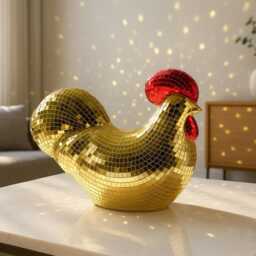 Gold Disco Chicken Figurine Real Glass Mirror Tile, 70S Retro Decor - thumbnail 2