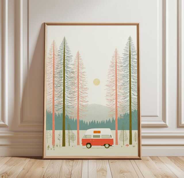 Retro Camper Van Poster, Pine Forest Wall Art, Minimal Travel Print - image 1