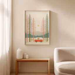 Retro Camper Van Poster, Pine Forest Wall Art, Minimal Travel Print - thumbnail 3