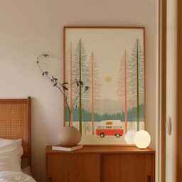 Retro Camper Van Poster, Pine Forest Wall Art, Minimal Travel Print - thumbnail 2