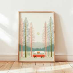 Retro Camper Van Poster, Pine Forest Wall Art, Minimal Travel Print - thumbnail 4