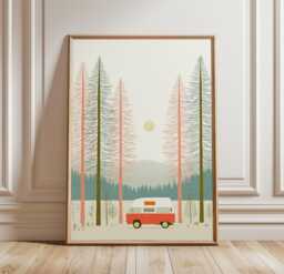 Retro Camper Van Poster, Pine Forest Wall Art, Minimal Travel Print
