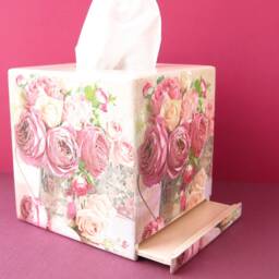 Decoupage Wooden Tissue Box Cover, Pink Rose Decor - thumbnail 2