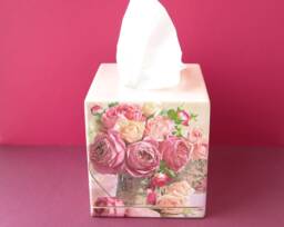 Decoupage Wooden Tissue Box Cover, Pink Rose Decor - thumbnail 1