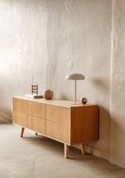 "Mid Century Sideboard, Tv Cabinet, Stand Oak Veneer 6 Drawers ""Crown"