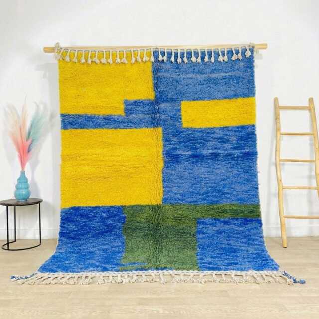 Moroccan Berber Rug, Authentic Beni Ourain Carpet, Large 9x12 Area Handwoven Wool Shag Rug With Blue & Yellow Geometric Blocks - image 1
