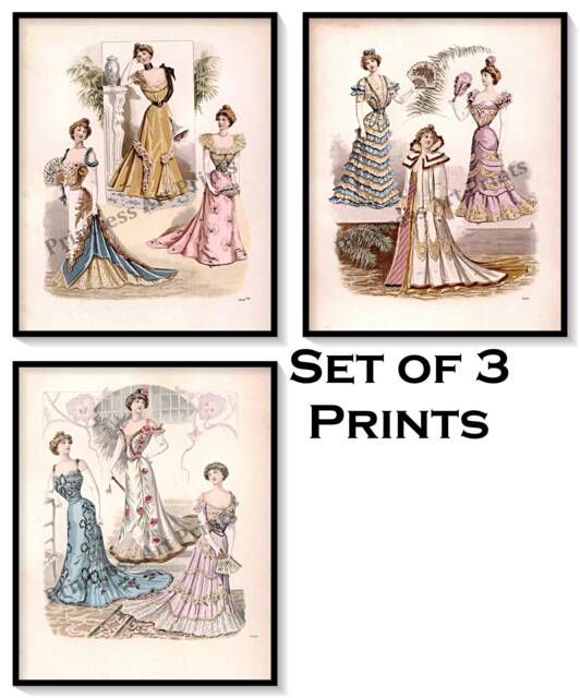 Victorian Fashion Prints, Set Of 3 - Ladies Ball Gowns Illustrations - image 1