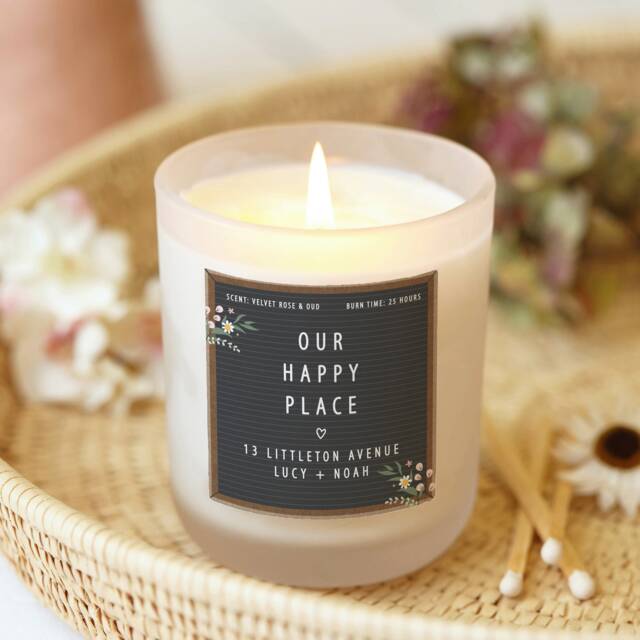 Personalised Housewarming Candle - Our Happy Place, Frosted Glass - image 1
