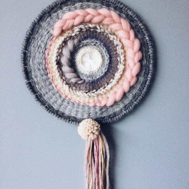 All Shades Of Grey Round Wall Hanging/Woven Hanging/Textile Weaving/Wall Art Tapestry/Pom-Pom - image 1