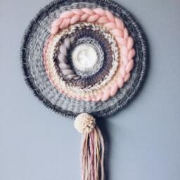 All Shades Of Grey Round Wall Hanging/Woven Hanging/Textile Weaving/Wall Art Tapestry/Pom-Pom - thumbnail 1