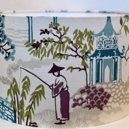 Asian Pagoda Fabric Lampshade Botanical Oriental Drum Shade - thumbnail 2