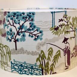 Asian Pagoda Fabric Lampshade Botanical Oriental Drum Shade - thumbnail 3