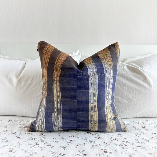 Hand Block Print Hmong Pillow Cover Brown & Blue Boro Design - image 1
