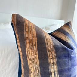 Hand Block Print Hmong Pillow Cover Brown & Blue Boro Design - thumbnail 3