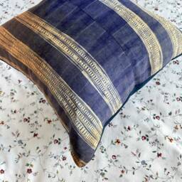 Hand Block Print Hmong Pillow Cover Brown & Blue Boro Design - thumbnail 4