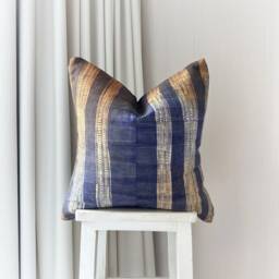 Hand Block Print Hmong Pillow Cover Brown & Blue Boro Design - thumbnail 2