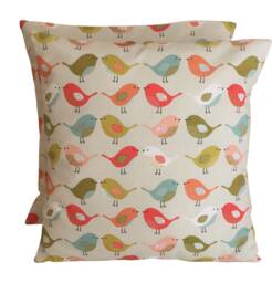 "2 X Fryetts Birds Orange Pink Blue Green Beige Cushion Covers 16"" 18"" 20" - thumbnail 1