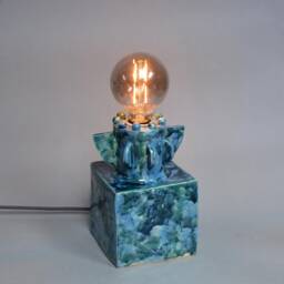 Artistic Blue Ceramic Table Lamp, Geometric Handmade Bedside Light, Modern Minimalist Nightstand Decor - thumbnail 2