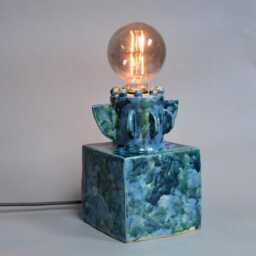 Artistic Blue Ceramic Table Lamp, Geometric Handmade Bedside Light, Modern Minimalist Nightstand Decor - thumbnail 3