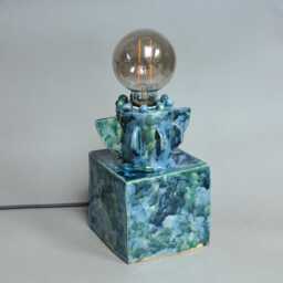 Artistic Blue Ceramic Table Lamp, Geometric Handmade Bedside Light, Modern Minimalist Nightstand Decor