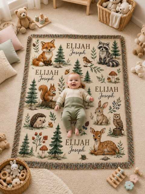 Personalized Woodland Animal Woven Blanket, Custom Name Baby Forest Nursery Decor, Gift, Keepsake Throw - image 1