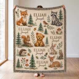 Personalized Woodland Animal Woven Blanket, Custom Name Baby Forest Nursery Decor, Gift, Keepsake Throw - thumbnail 2