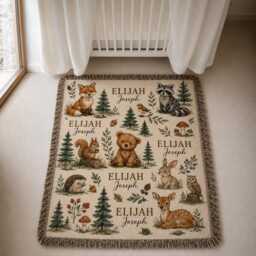 Personalized Woodland Animal Woven Blanket, Custom Name Baby Forest Nursery Decor, Gift, Keepsake Throw - thumbnail 3