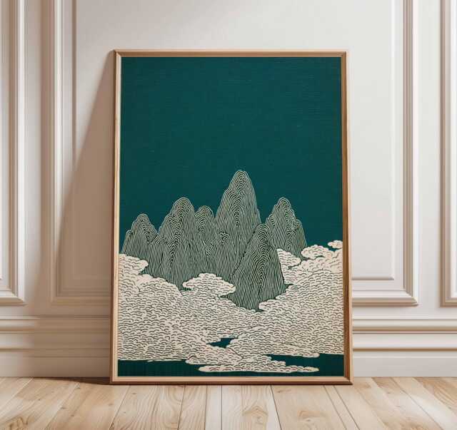 Japanese Mountain Art Print, Minimalist Landscape Poster, Zen Nature Wall Art, Tranquil Cloud Illustration, Modern Home Decor - image 1