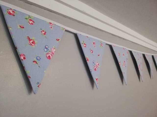 Floral Fabric Bunting. Blue Background With Pink Rosebud Design. Approx 2.5 Metre Length - image 1