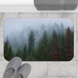 Foggy Forest Microfiber Bath Mat, Memory Foam Home Decor, Nature Bathroom Pine Trees Bathmat Idaho Decorations Fog Tree - thumbnail 1