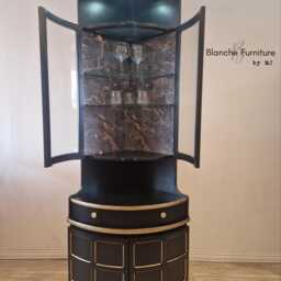Tall Nathan Mid Century Modern Black Corner Drinks Cabinet - Luxury Cocktail Bar Unit - thumbnail 2