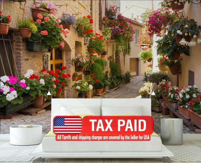 Alley Of Spello Italy Roses Wallpaper Mural Art Print Photomural Wall Decor Easy-Install Removable Peel & Stick High Quality Washable Vlies - image 1