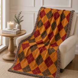 Autumn Argyle Woven Blanket, Fall Plaid Throw Rustic Farmhouse Decor, Cozy Thanksgiving Gift - thumbnail 2