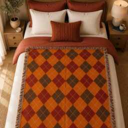 Autumn Argyle Woven Blanket, Fall Plaid Throw Rustic Farmhouse Decor, Cozy Thanksgiving Gift - thumbnail 3