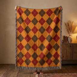 Autumn Argyle Woven Blanket, Fall Plaid Throw Rustic Farmhouse Decor, Cozy Thanksgiving Gift - thumbnail 1