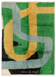 Abstract Tulu Wool Rug Green, Yellow, Blue, Black, Hand-Woven - thumbnail 1