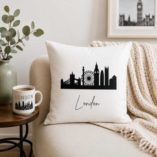 London Skyline Pillow, Decor, Cityscape Cushion, Travel Gift, UK Landmark Living Room Housewarming Gift - image 1