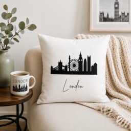 London Skyline Pillow, Decor, Cityscape Cushion, Travel Gift, UK Landmark Living Room Housewarming Gift - thumbnail 1