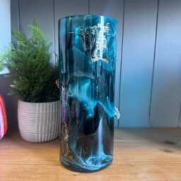 Hand Decorated 25cm Tall Teal Green With Gold Copper Or Silver Finish Cylinder Vase - thumbnail 2